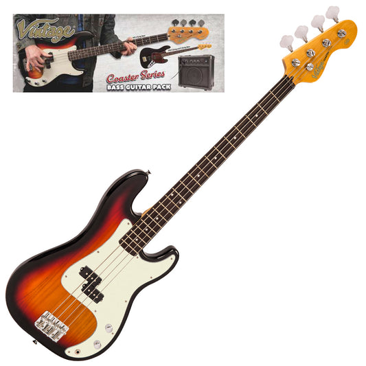 Vintage V40 Coaster Series Bass Guitar Pack | 3 Tone Sunburst